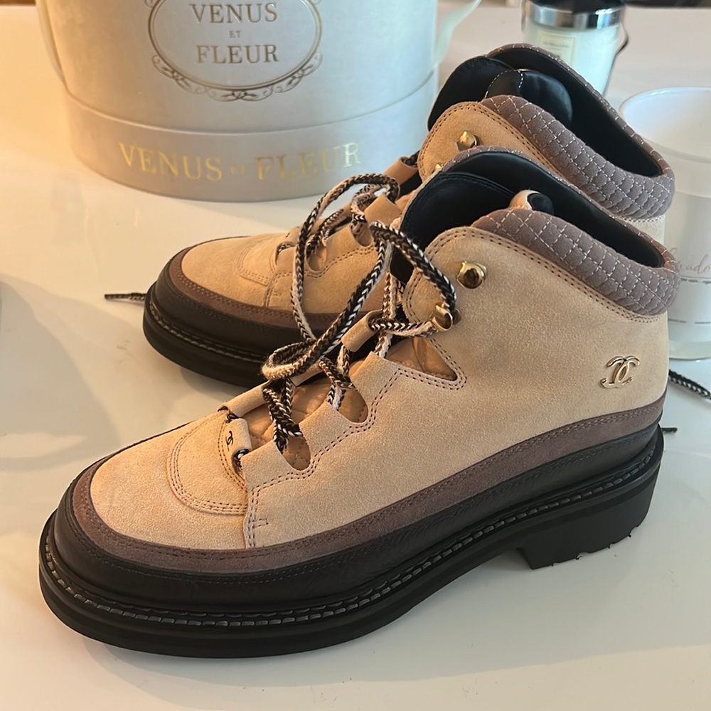 Pink Chanel Lace Up Boots